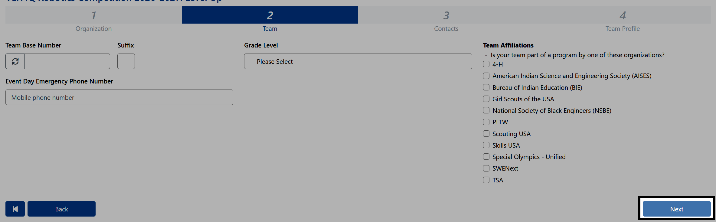 View of VEX Events showing the same team information screen with the Next bottom in the bottom-left corner highlighted.