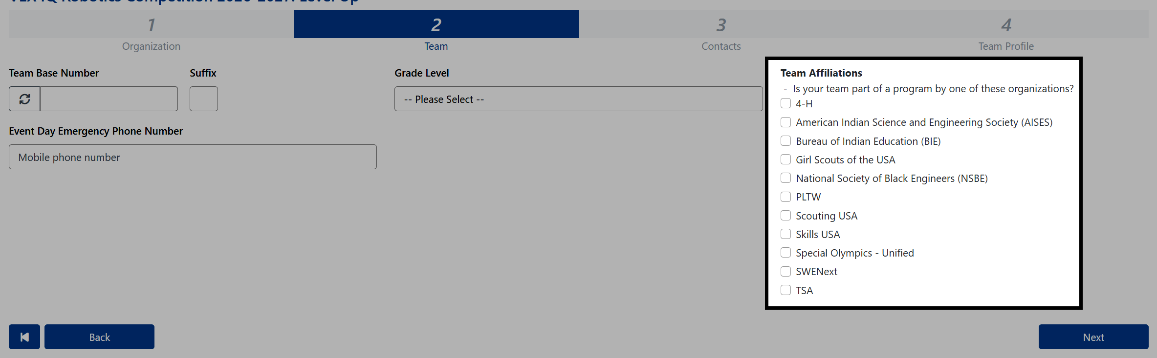 View of VEX Events showing where a team can select what organizations their team may be affiliated with, if any.