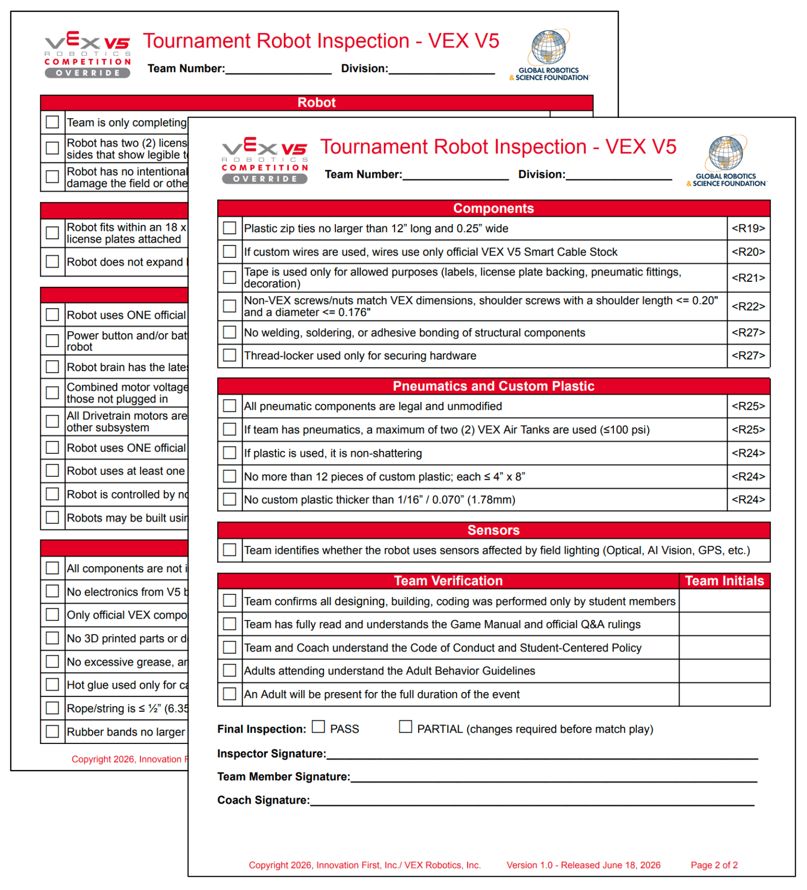 V5 two page inspection checklist overlapped to show both pages.