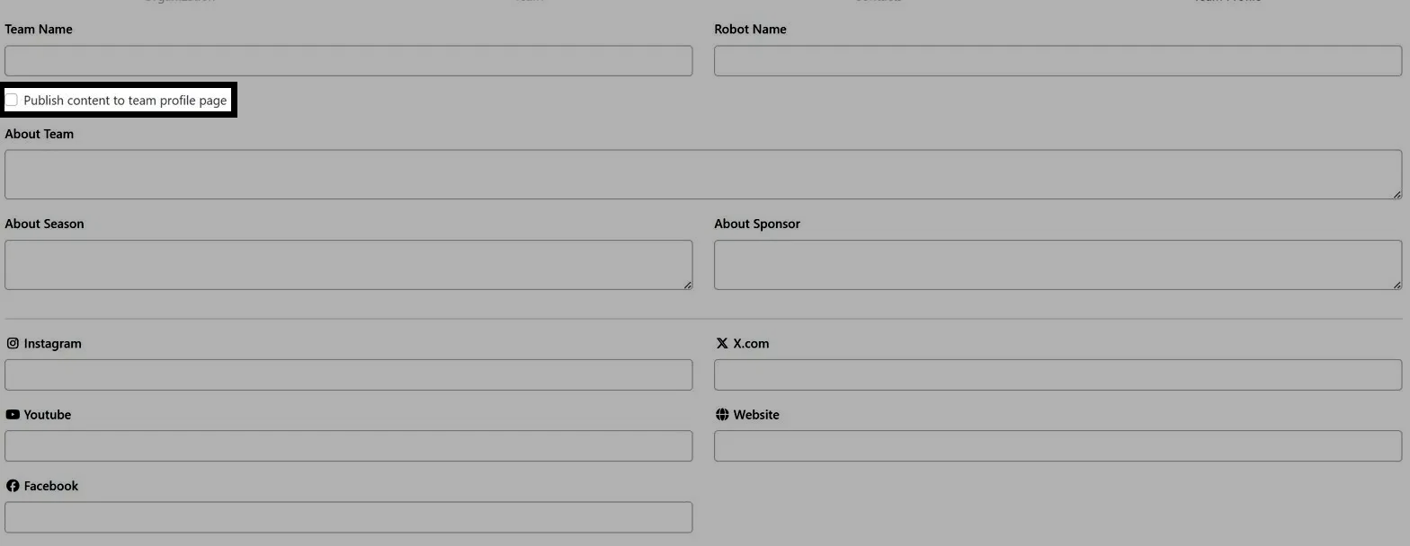 The same view of VEX Events highlighting a checkbox beneath the team name text field labeled "Publish content to team profile page".