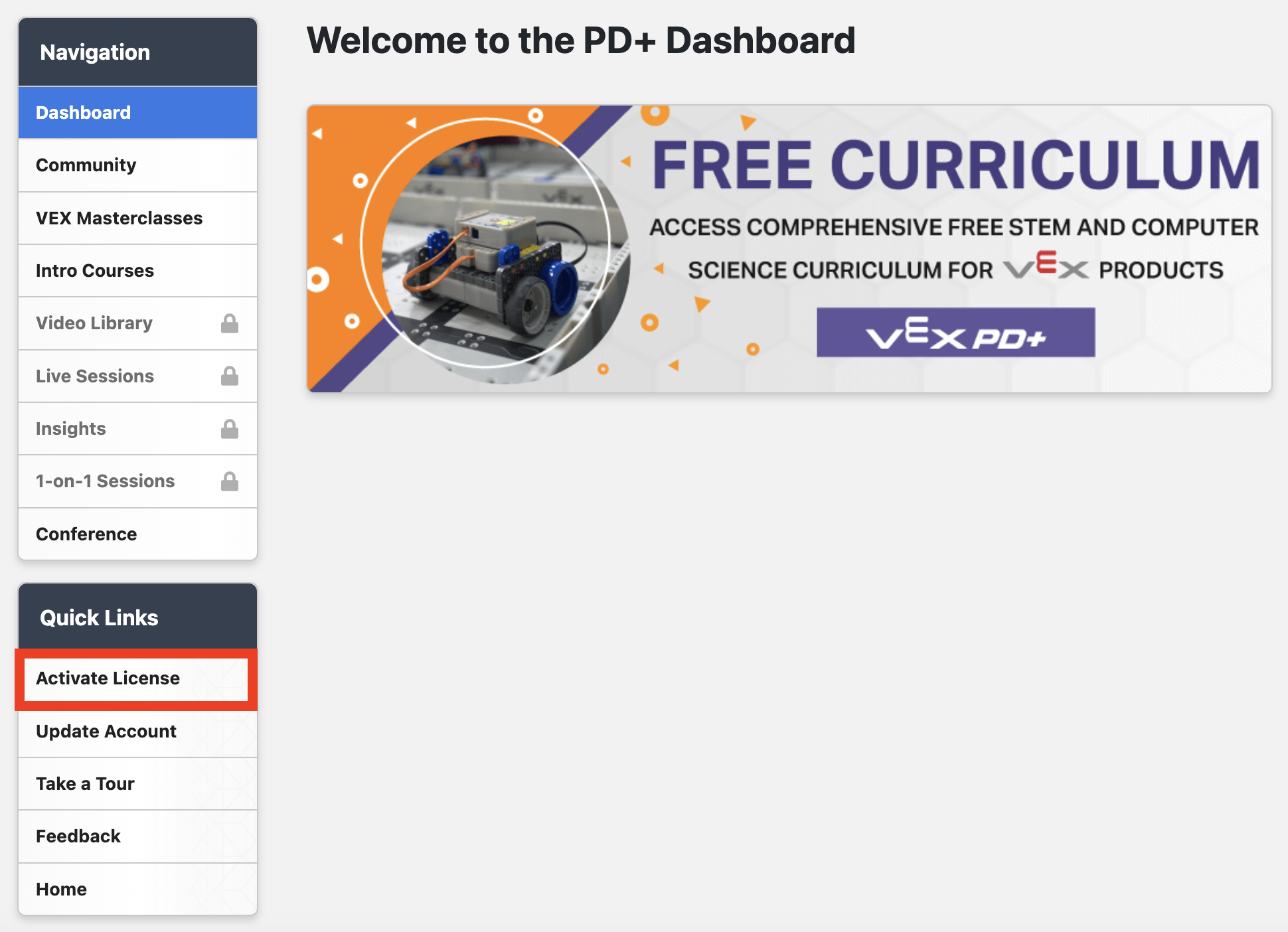 PD+ Quick Links navigation in the PD+ Dashboard with the Activate License option in the lower left corner highlighted.