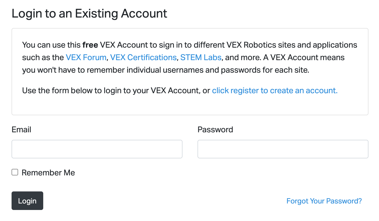Screenshot of the Login screen reading Login to an existing account, with spaces to enter your email and password, and a login button on the bottom left.