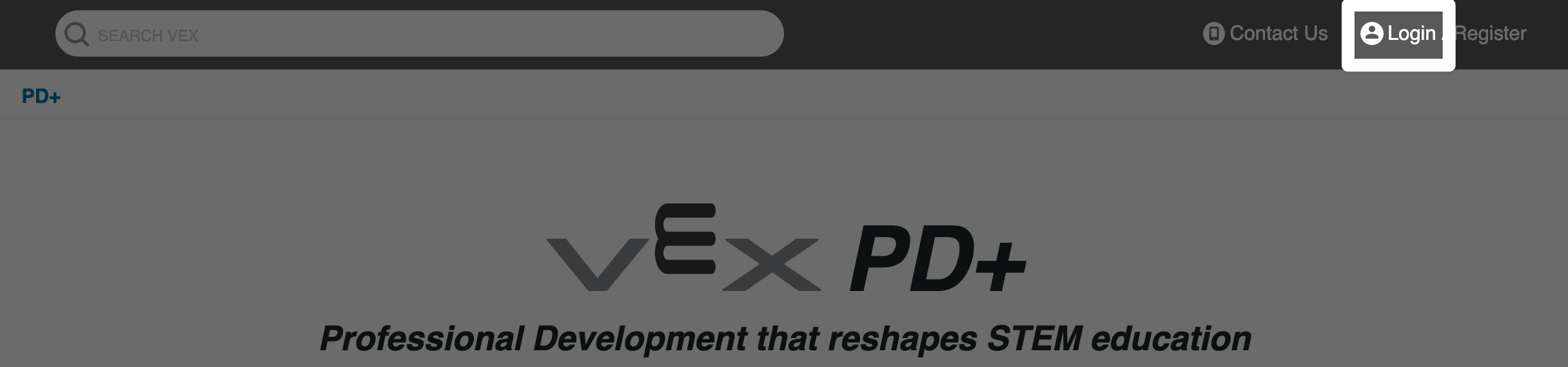 PD+ homepage with the Login option in the upper right corner highlighted.