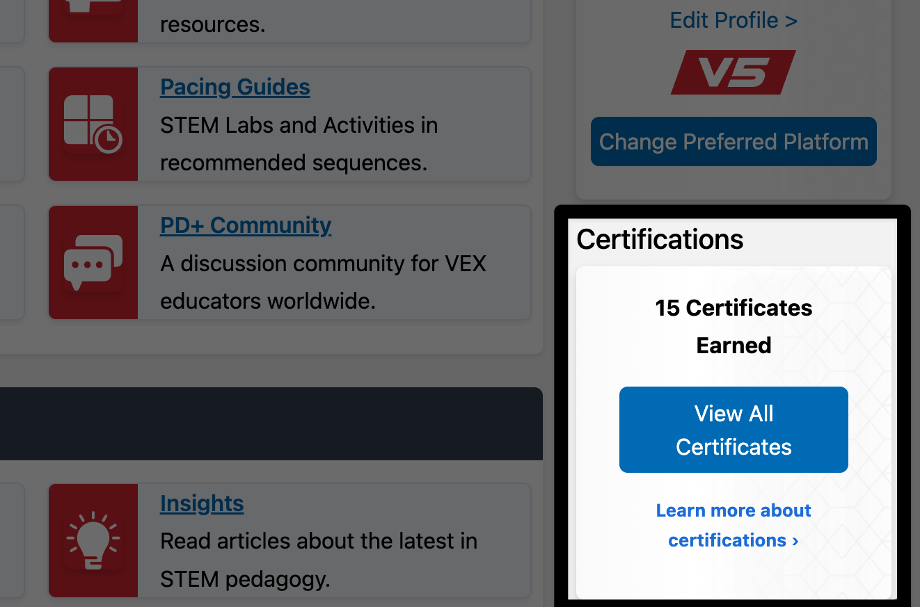 PD+ Dashboard with a highlight on the Certifications section beneath the Profile information on the righthand side. A button reading View all certificates can be seen beneath the total number of certificates earned.