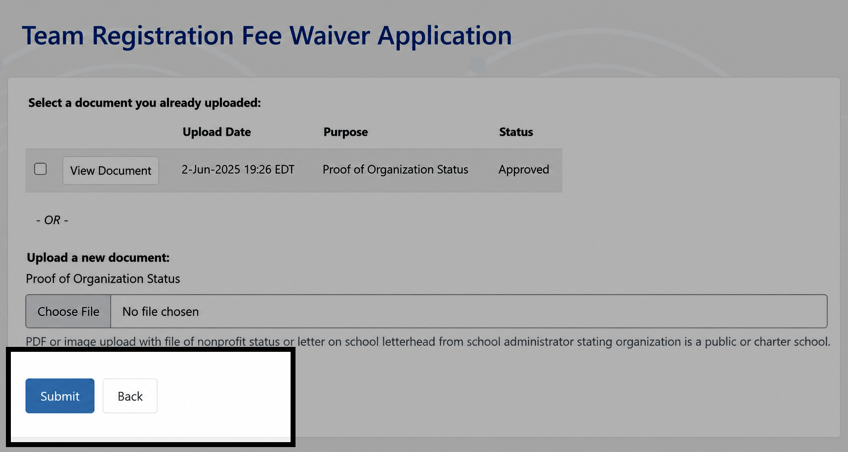 The My Teams page on events.vex.com with the Team Registration Fee Waiver Application button.