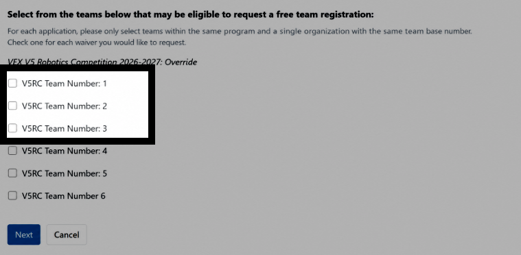 The Team Registration Fee Waiver application screen for uploading documentation and submitting.