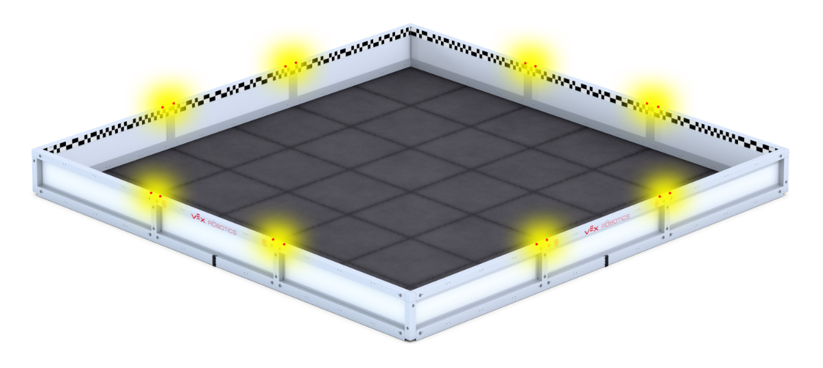 Angled view of an empty V5 game field, with 8 highlighted T-connector locations that the Driver Interfaces could be attached.