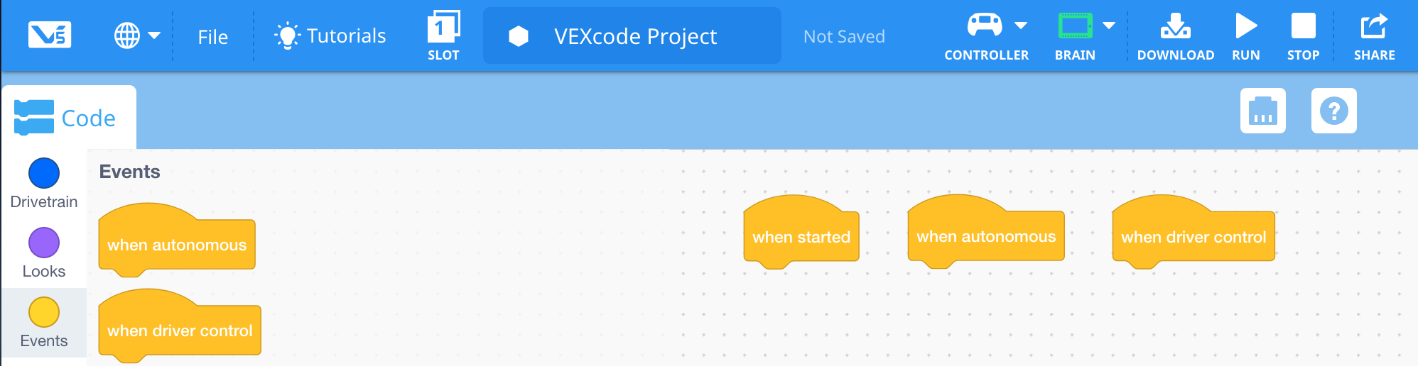 VEXcode V5 blocks workspace with the Competition Template project opened. There are three individual hat blocks in the workspace, and they read When started, When autonomous, and When driver control.