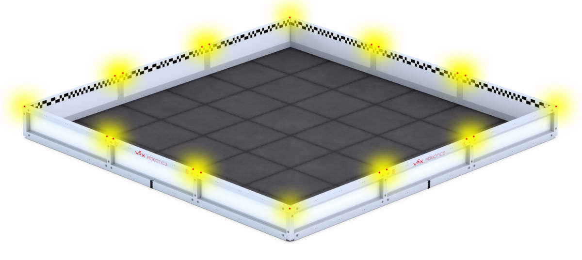 Angled view of an empty V5 game field, with 8 highlighted T-connector locations and 4 highlighted corners that the Field Monitor Stand could be attached.