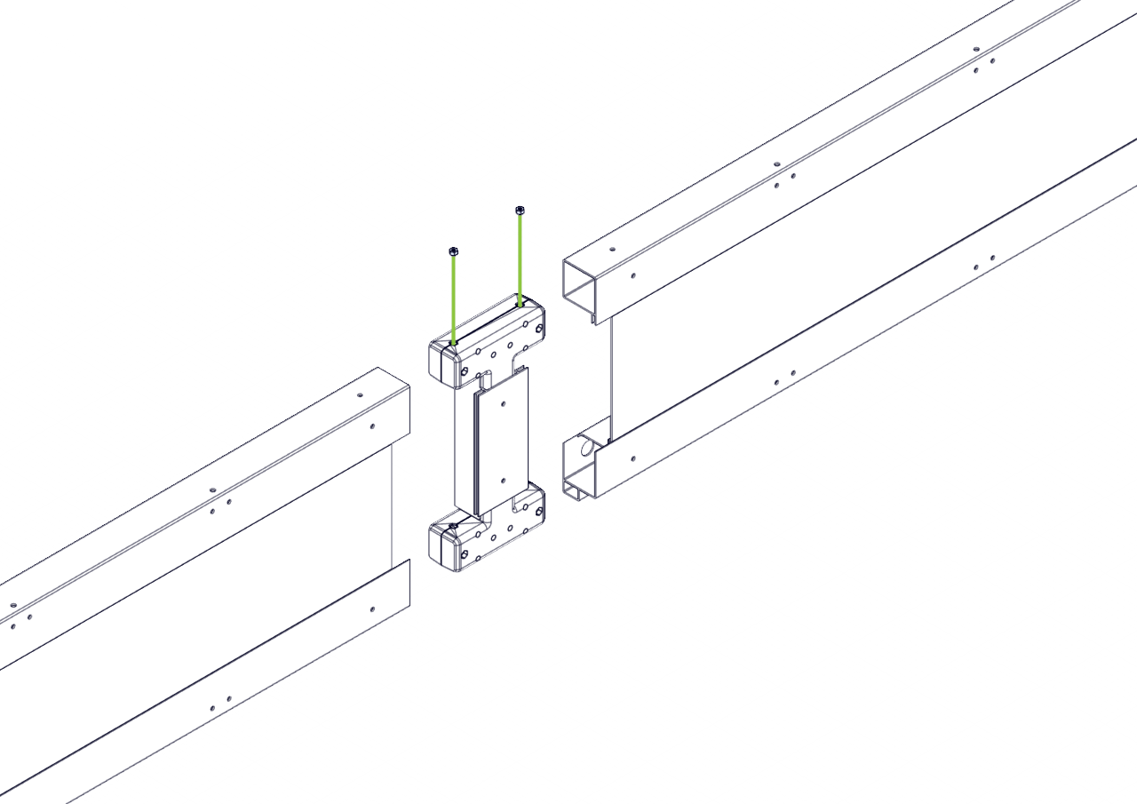 Assembly diagram showing two T connectors being unpopped and two Nylock Nut pieces being placed into the exposed pockets on the top.
