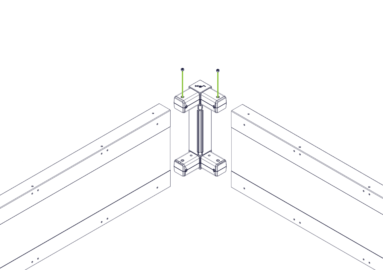 Assembly diagram showing the Corner connectors being unpopped and two Nylock Nut pieces being placed into the exposed pockets on the top.