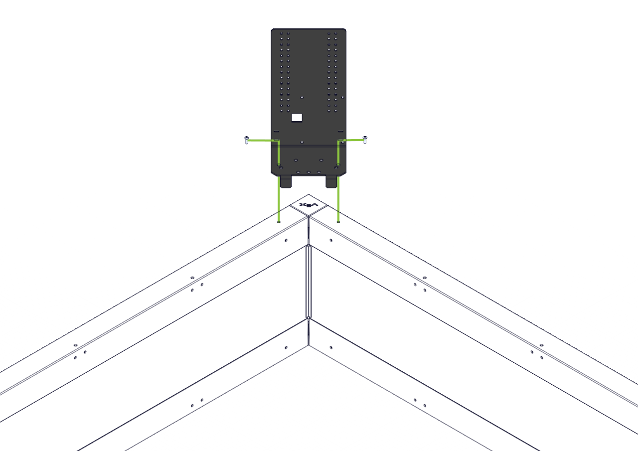 Assembly diagram showing the Field Monitor Stand and two Star Drive Screws being aligned with the two added Nylock Nuts on a Corner Connector.