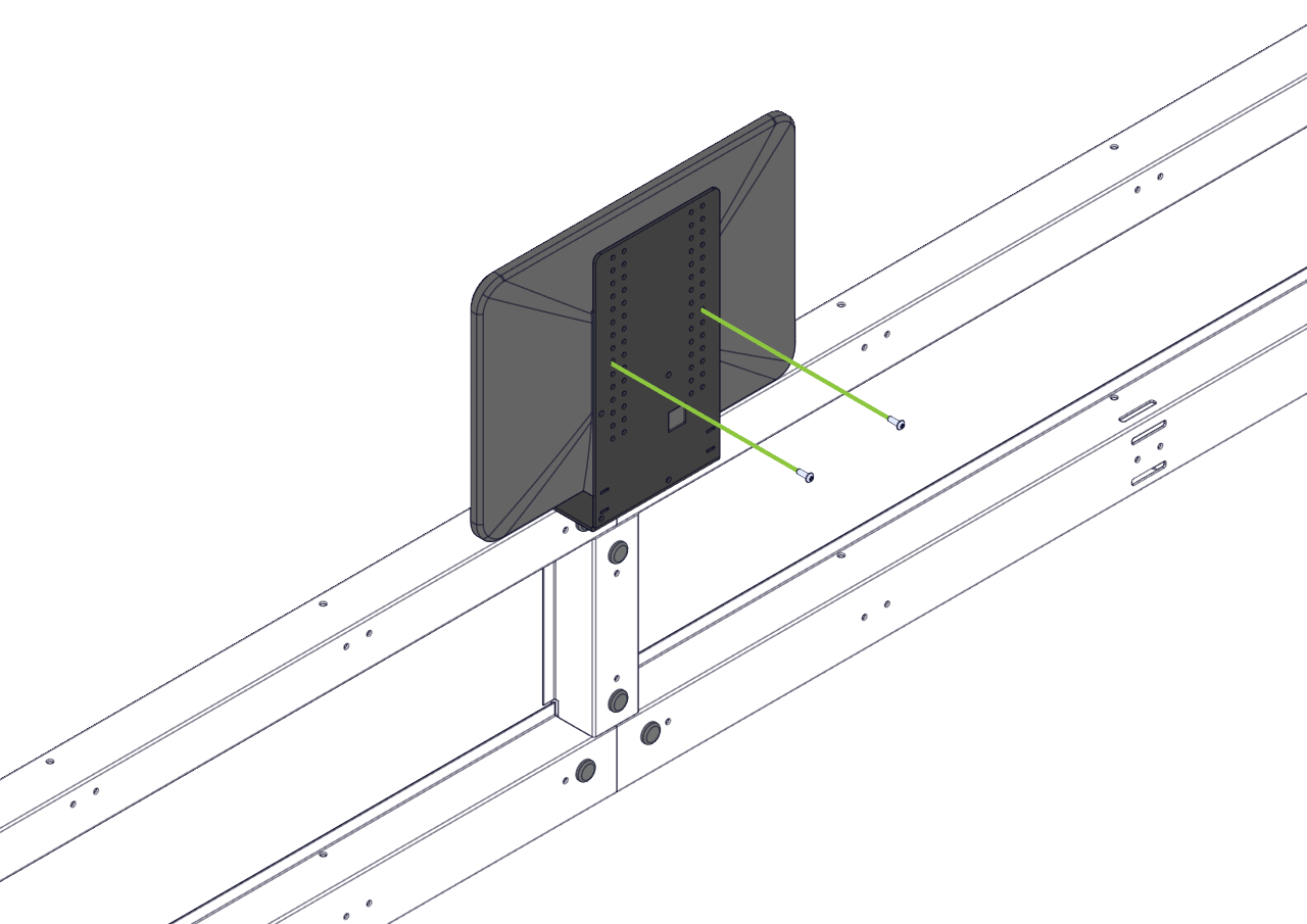 Assembly diagram showing the Field Monitor and two VESA Monitor Mounting Hardware screws being aligned with the Field Monitor Stand over a T Connector.