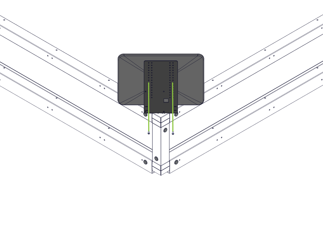 Assembly diagram showing the Field Monitor and two VESA Monitor Mounting Hardware screws being aligned with the Field Monitor Stand over a Corner Connector.