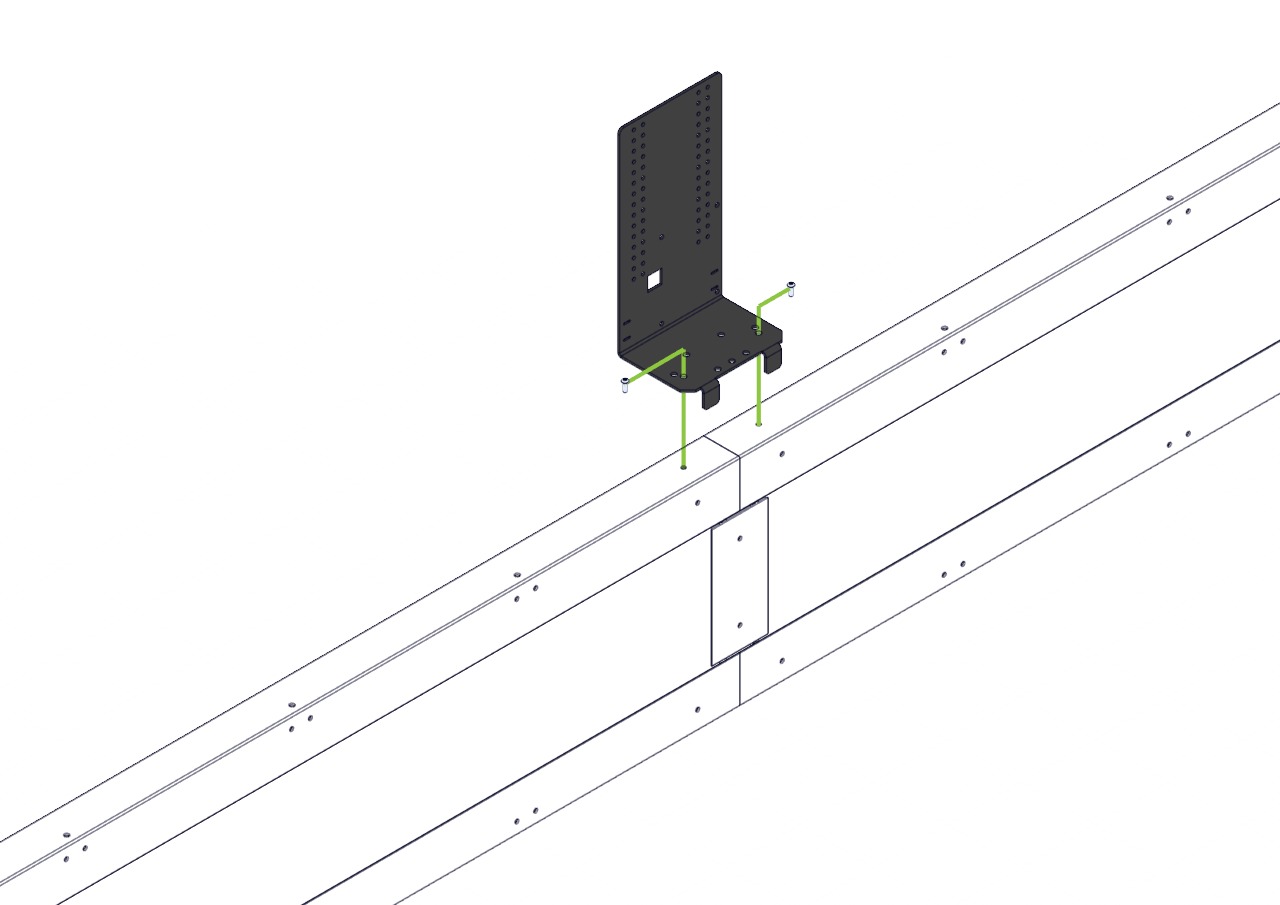Assembly diagram showing the Field Monitor Stand and two Star Drive Screws being aligned with the two added Nylock Nuts on a T Connector.