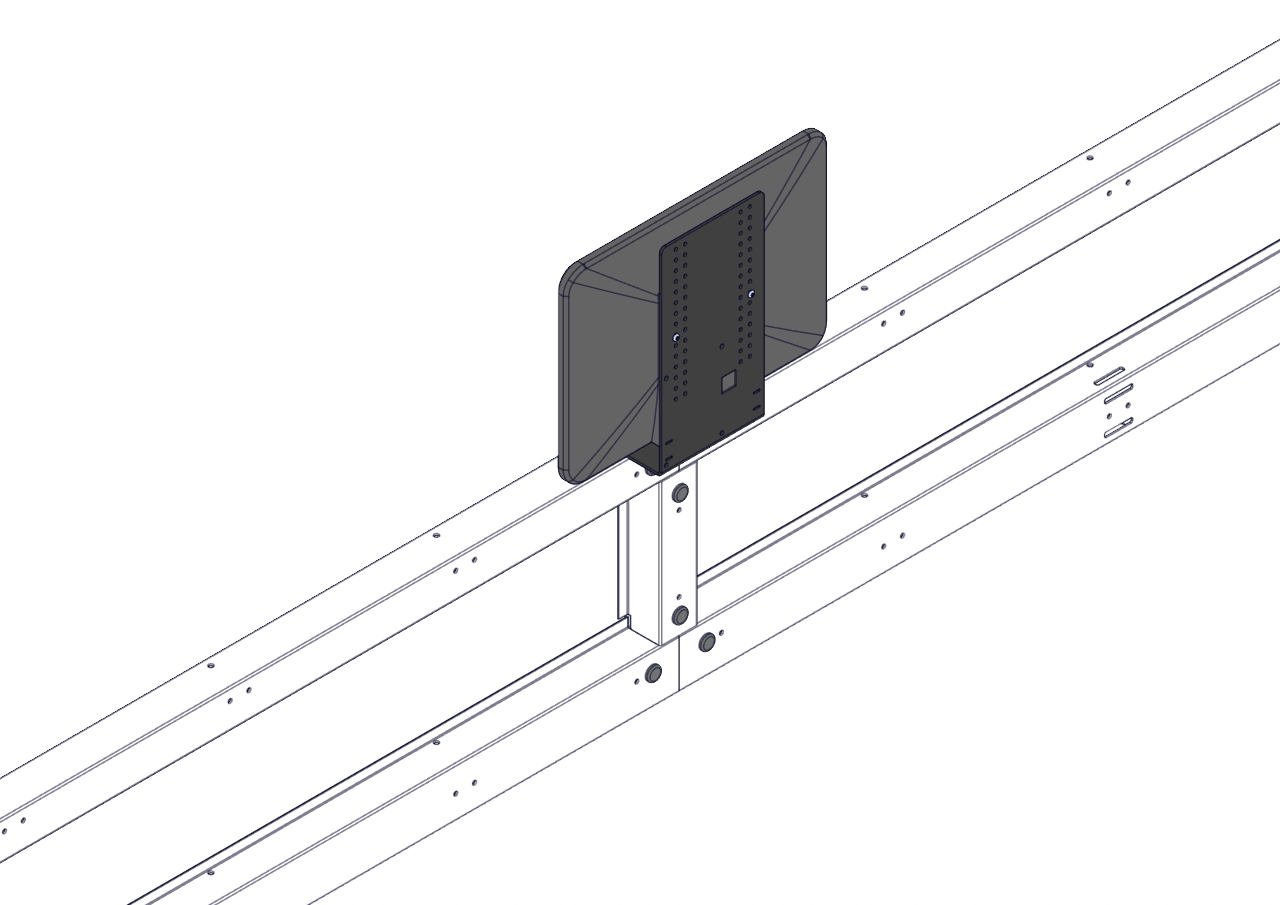 Assembly diagram showing the Field Monitor and two VESA Monitor Mounting Hardware screws being attached to the Field Monitor Stand over a T Connector.