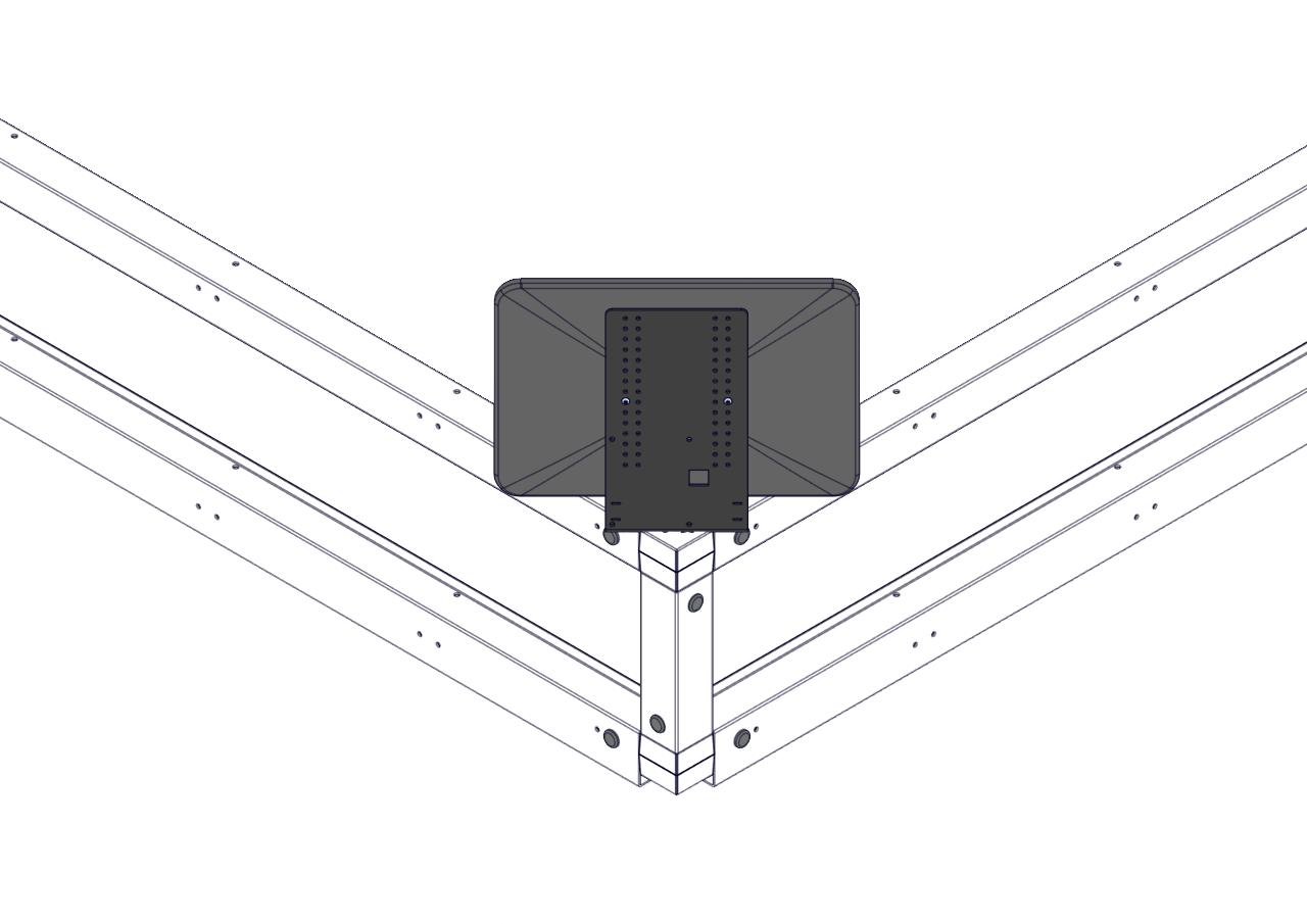 Assembly diagram showing the Field Monitor and two VESA Monitor Mounting Hardware screws being attached to the Field Monitor Stand over a Corner Connector.