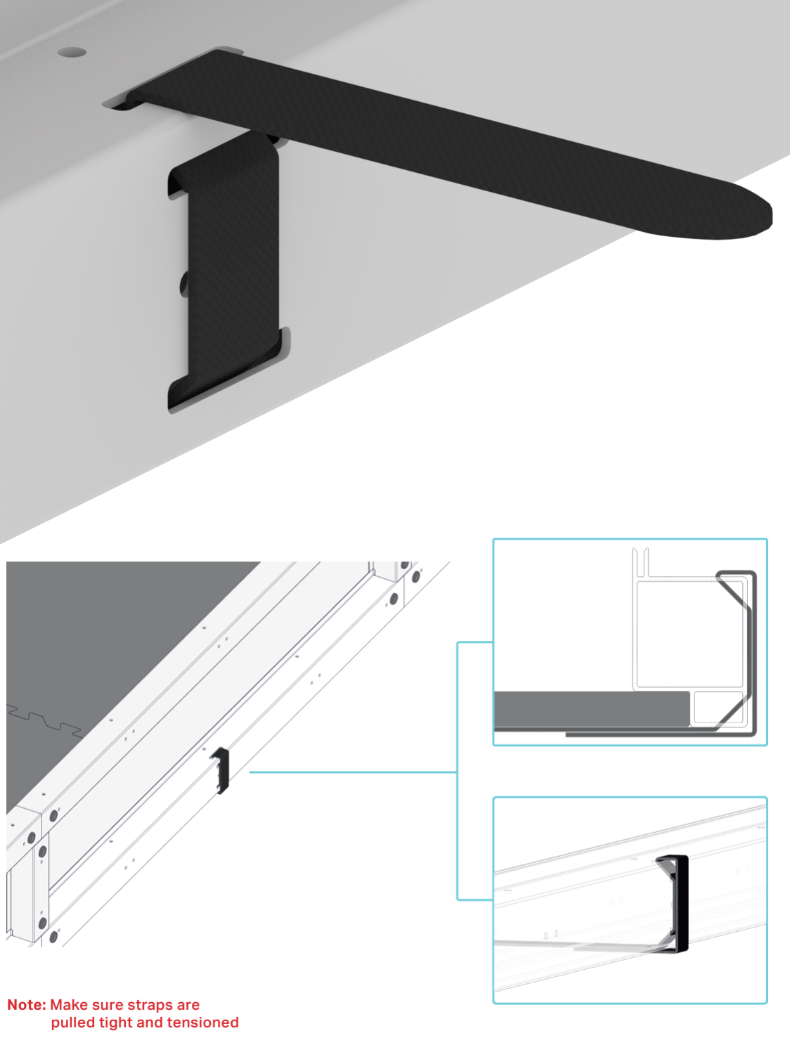 Edge of the Portable Field is shown with the Velcro piece looped through the bottom slot, then the middle slot, and then the top slot on the top facing side of the edge. A diagram indicates that the Velcro should then be looped back underneath the Field so it catches on itself.