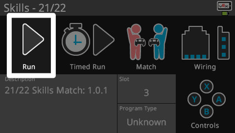 Brain screen is shown in the Program menu for the Field Control App program. The Run button in the upper left corner is highlighted.