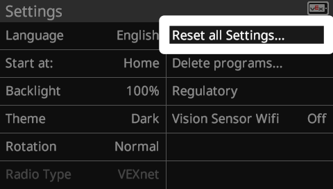 Brain screen is shown in the Settings menu with the Reset all Settings option highlighted.