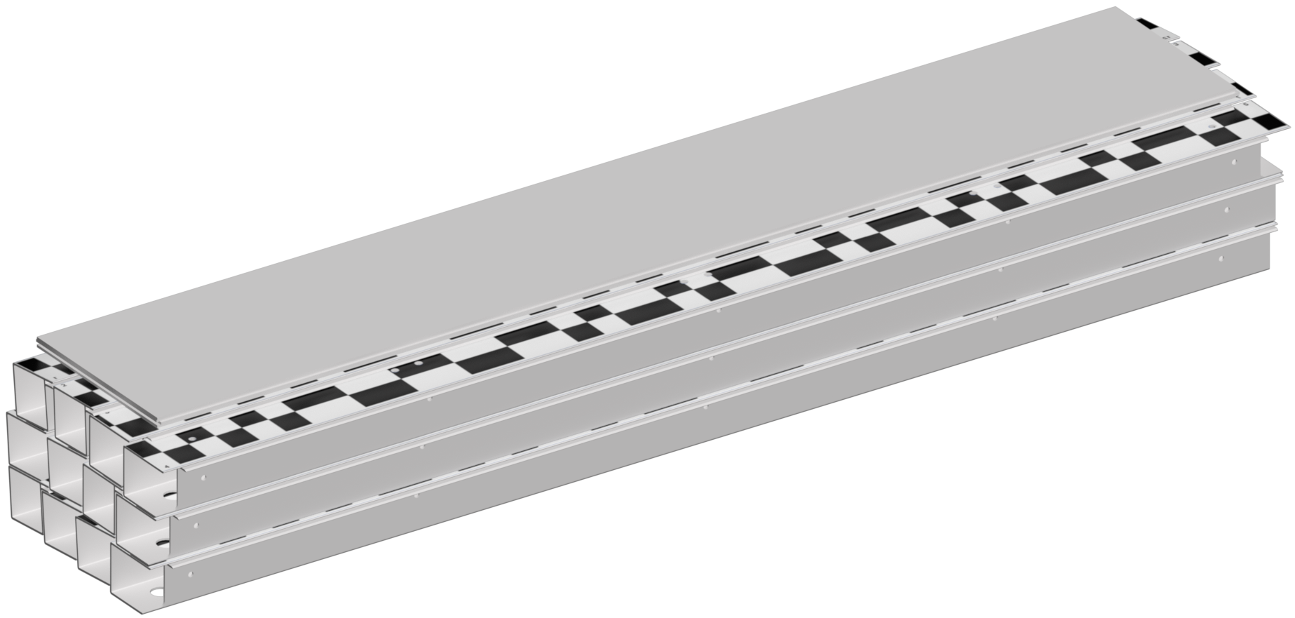 Twelve GPS code extrusion pieces are shown stacked together in a stack four wide and three high. Four shorter panels have been placed on top of the extrusion pieces.