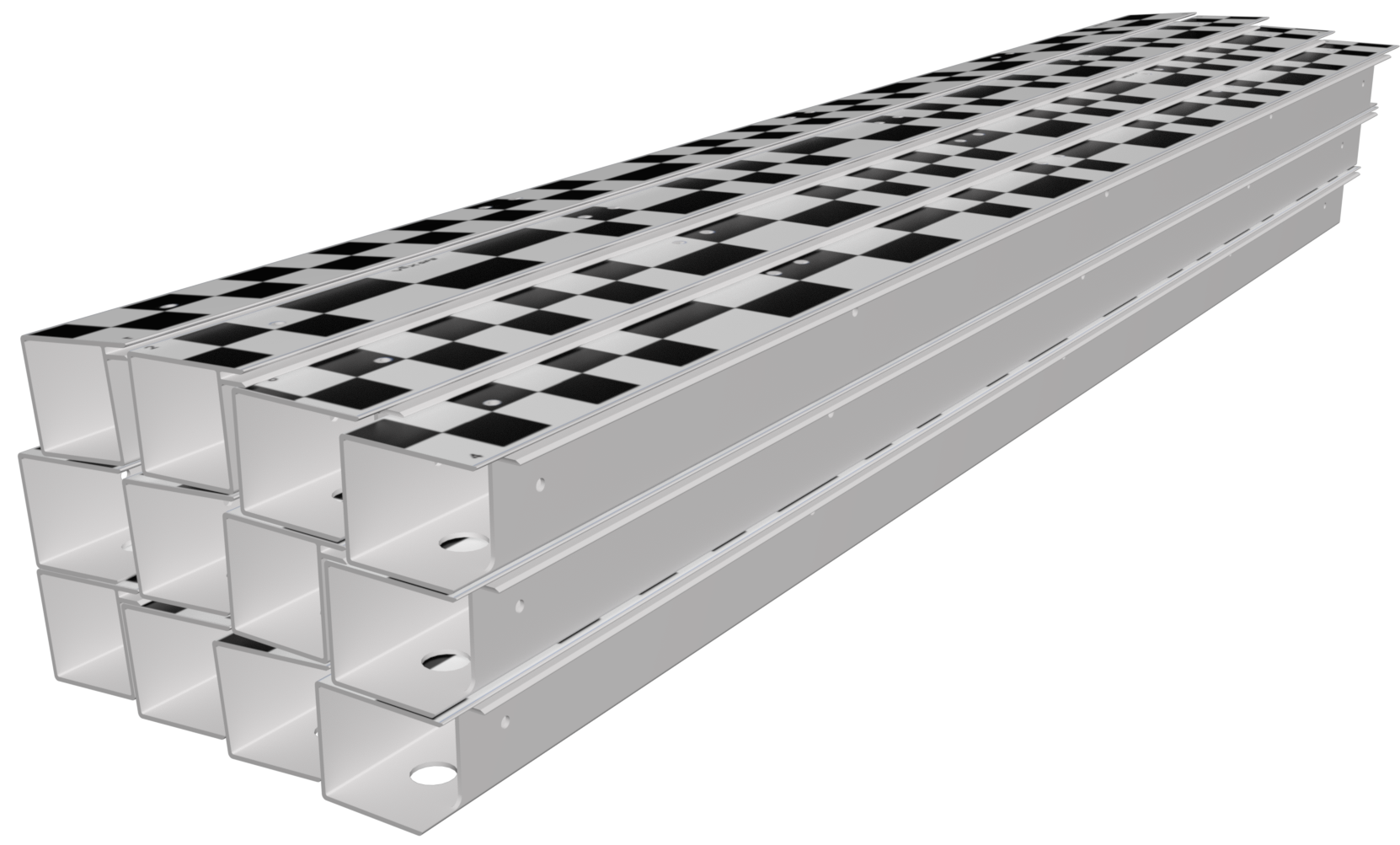 Twelve GPS code extrusion pieces are shown stacked together in a stack four wide and three high.