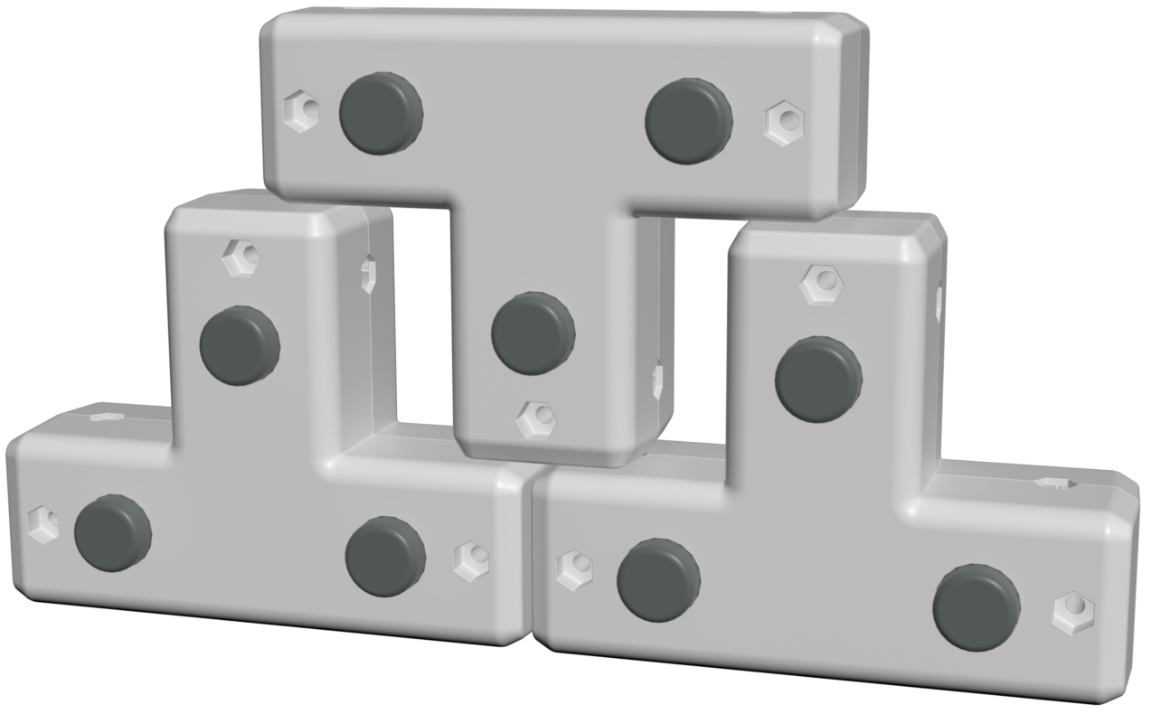 Three T connector pieces are shown stacked in a triangle shape.