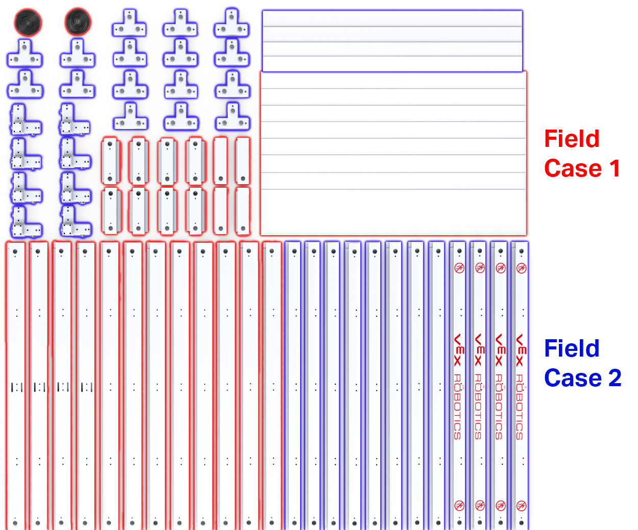 Diagram of the individual pieces stored in Field Cases 1 and 2.