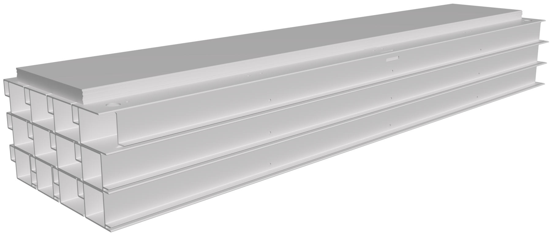 Twelve bottom extrusion pieces are shown stacked together in a stack four wide and three high. Eight longer panels have been placed on top of the extrusion pieces.