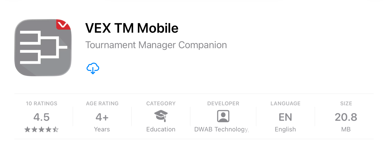 The iOS app store showing the VEX TM Mobile app with the download button available.