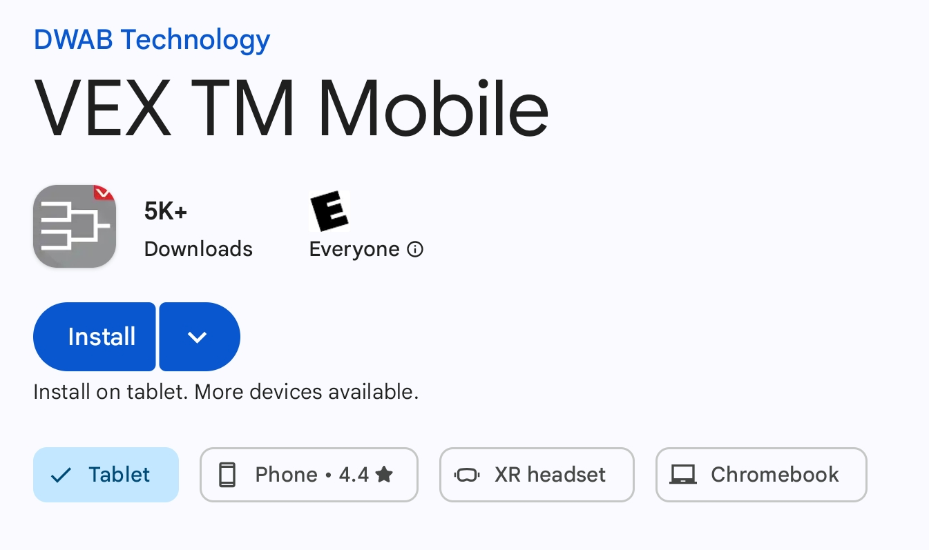The Google Play store showing the VEX TM Mobile app with the Install button available.