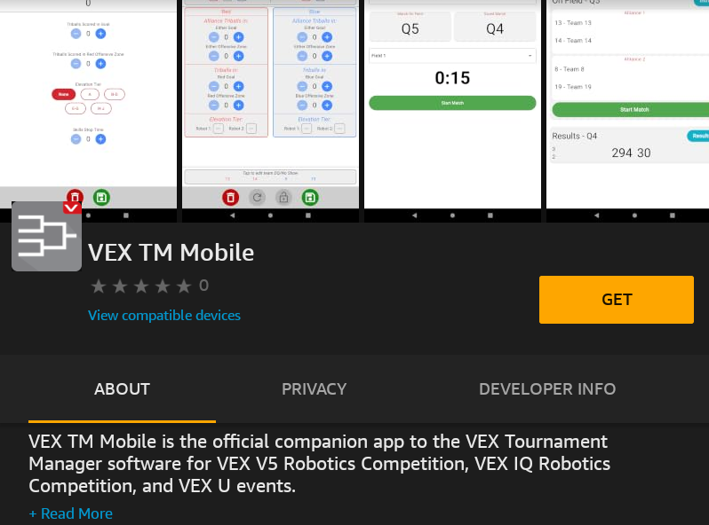 The Amazon app store showing the VEX TM Mobile app with the Get button available.