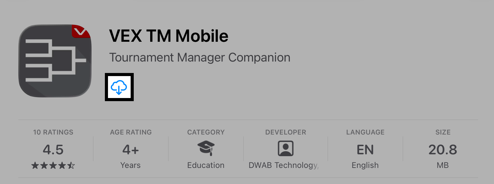The iOS App Store showing the VEX TM Mobile app with the download icon highlighted.