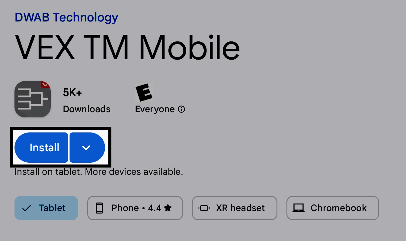 The Google Play store showing the VEX TM Mobile app with the Install button highlighted..
