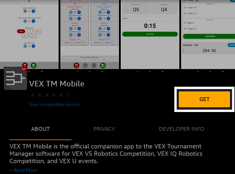 The Amazon app store showing the VEX TM Mobile app with the Get button highlighted..