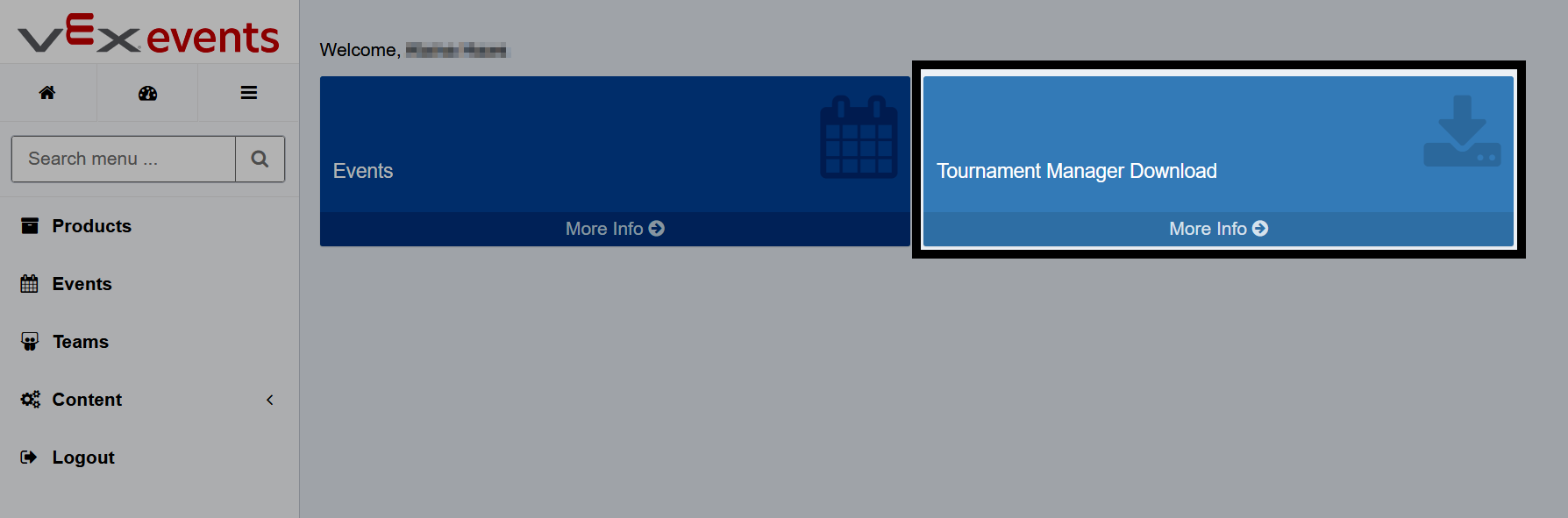 The VEX Events Admin dashboard, showing the Tournament Manager download button highlighted.