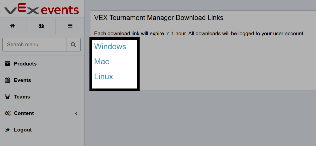 The VEX Events VEX Tournament Manager page showing 3 download links, one for Windows, Mac, and Linux.