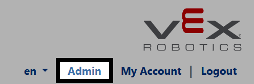 The VEX Events home page showing the VEX Robotics logo and the Admin button beneath it being highlighted.