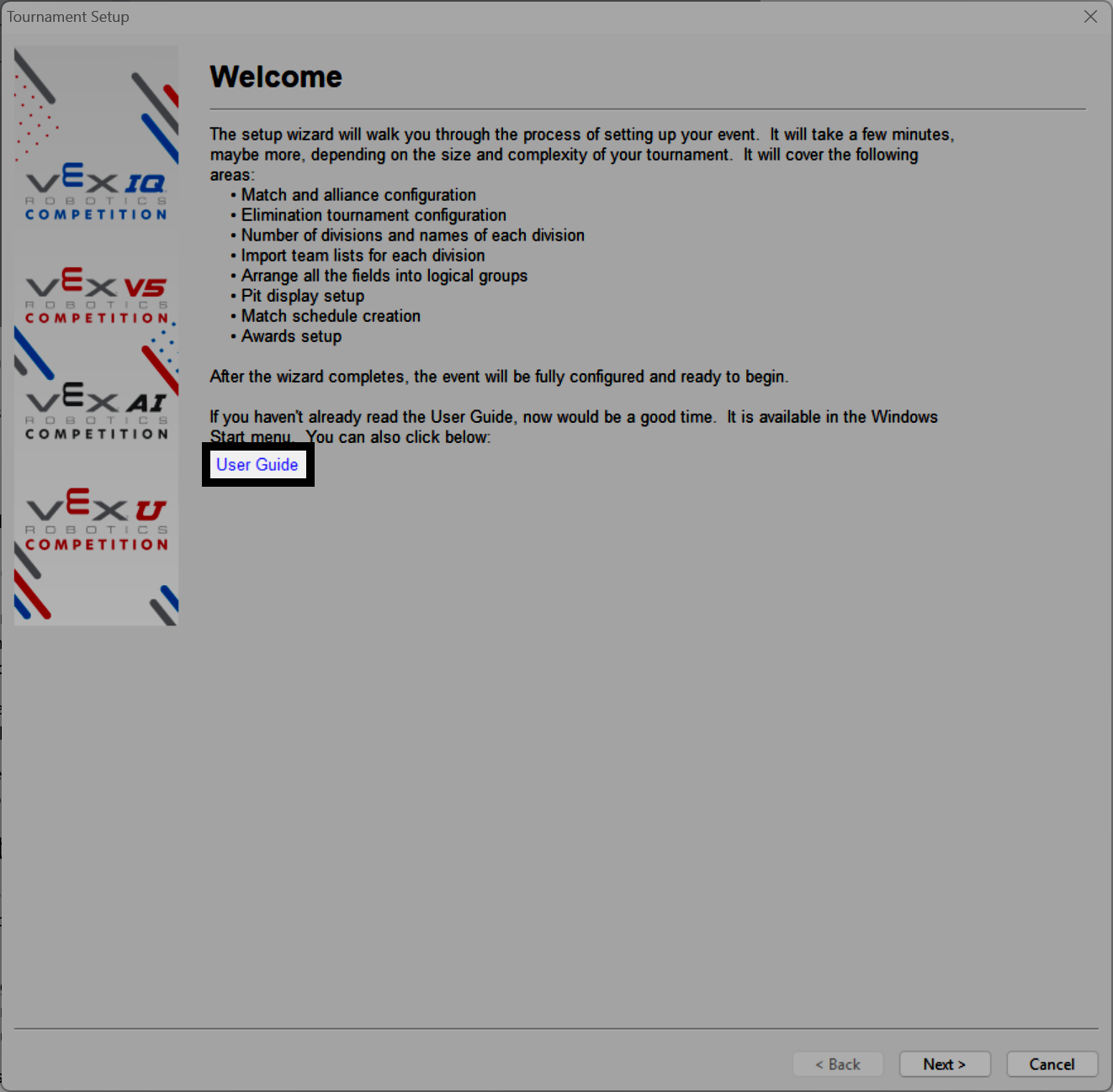 The VEX TM Manager opening page when setting up a new event. The User Guide link is highlighted.