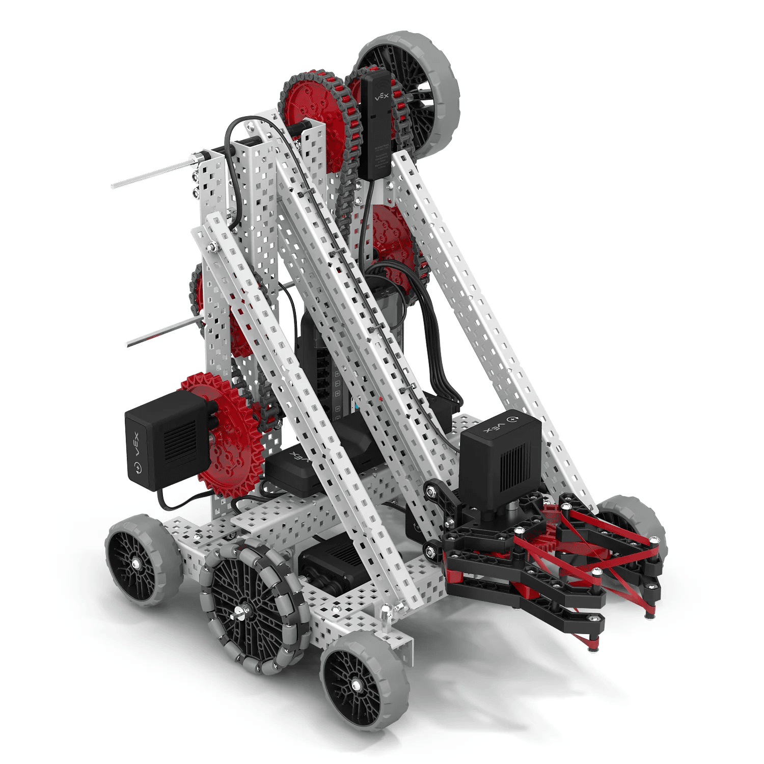 Metal robot with a 2 wheel drive base and arm and claw.