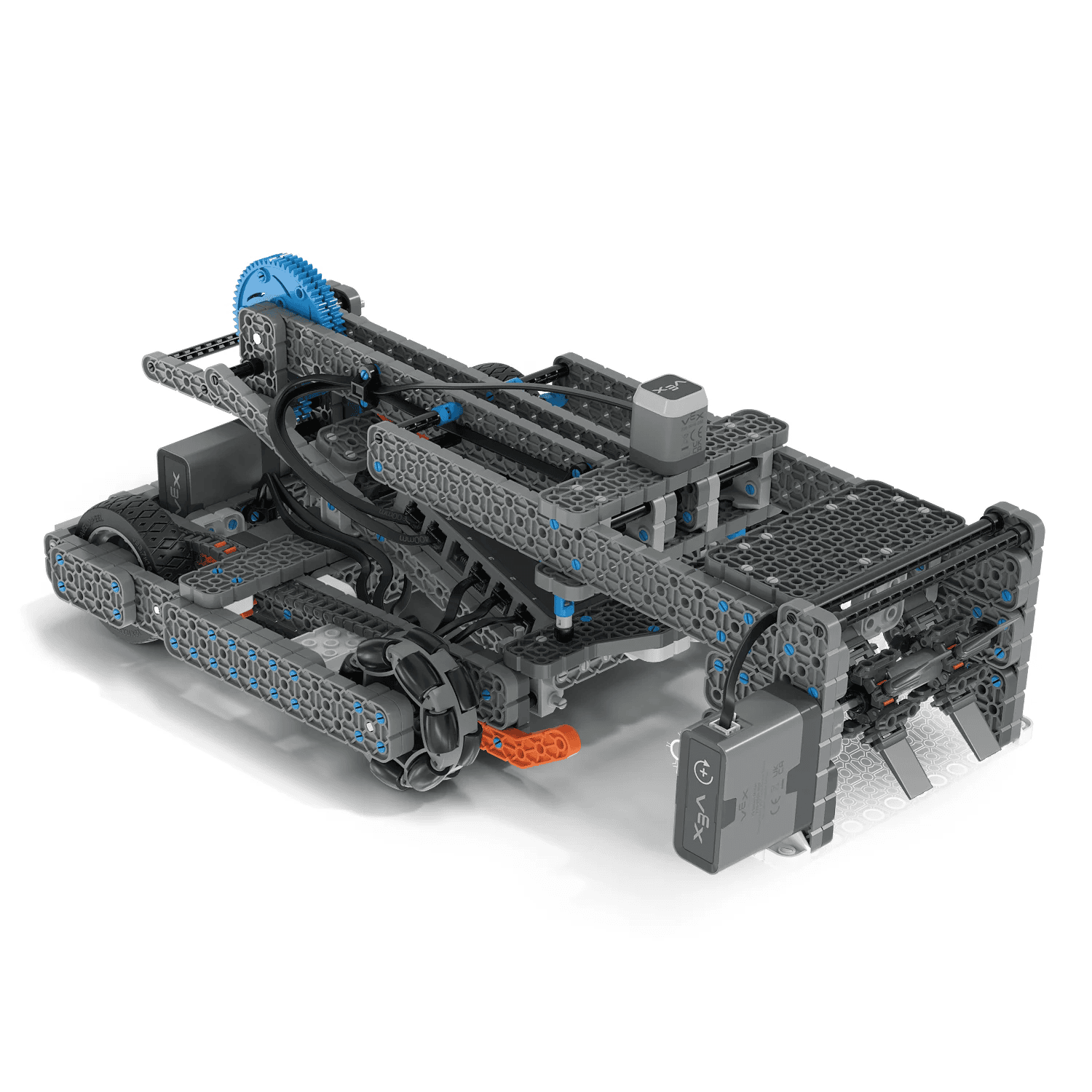 Robot designed with plastic construction pieces. It is quite flat and extends outward from the robot.