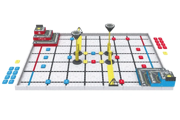 The Level Up Field at the start of a match, with a red three layer Pyramid goal in the upper left corner, and a blue one in the lower right, with yellow barriers and tall goals in the center of the field. 