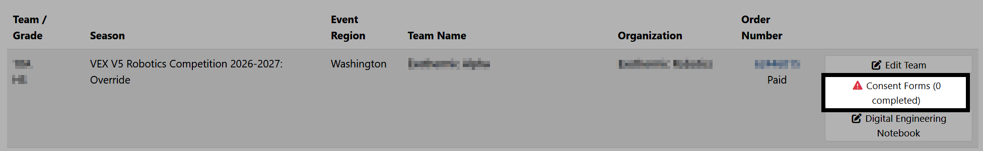 A team row on events.vex.com with a red icon indicating missing Consent Forms, and the Consent Forms option highlighted.