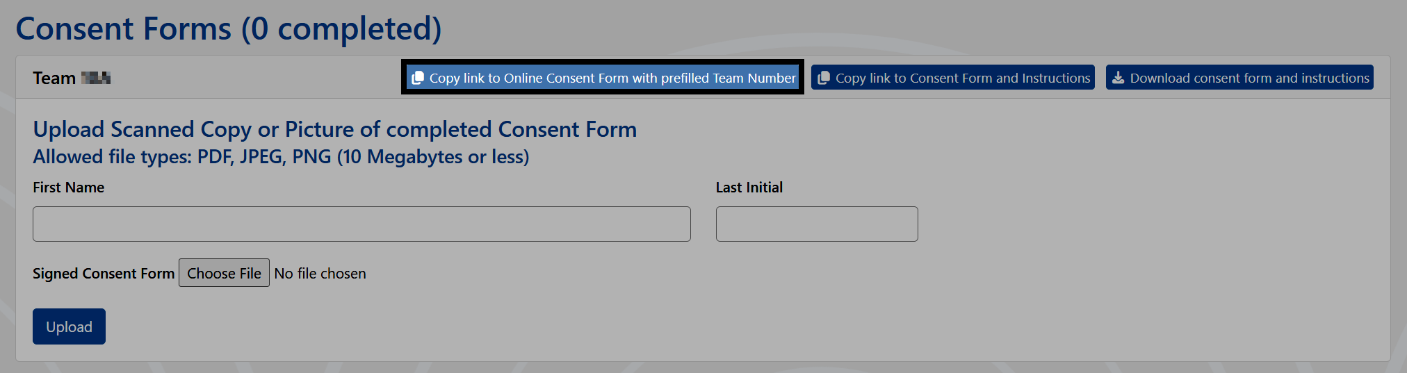The Consent Forms section showing the buttons for copying the online Consent Form link.