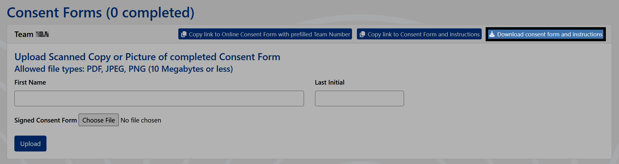 The Consent Forms section with the Download consent form and instructions button highlighted.