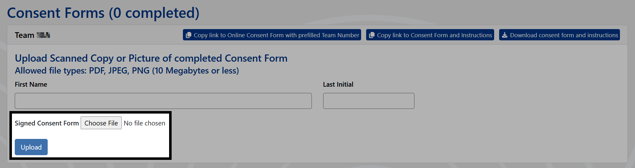 The file selection and Upload button for submitting a scanned Consent Form.