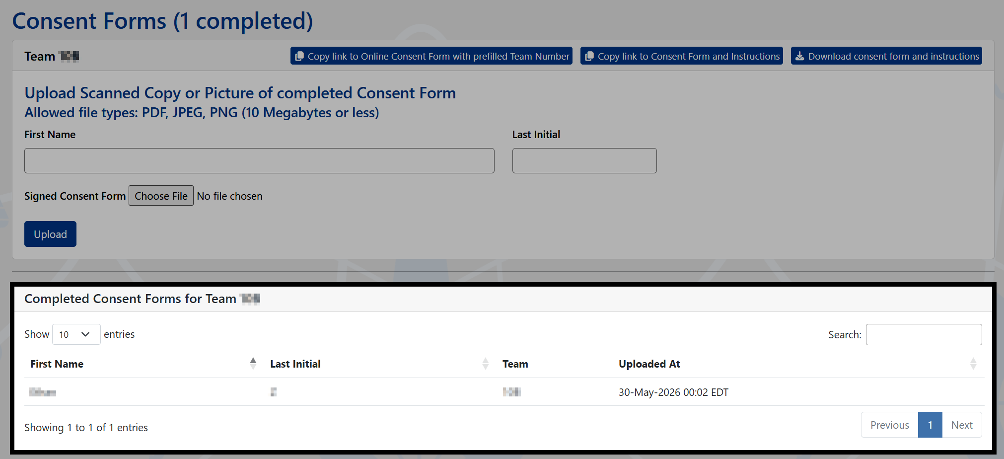 The Consent Forms section showing each participant's submission status for the team.