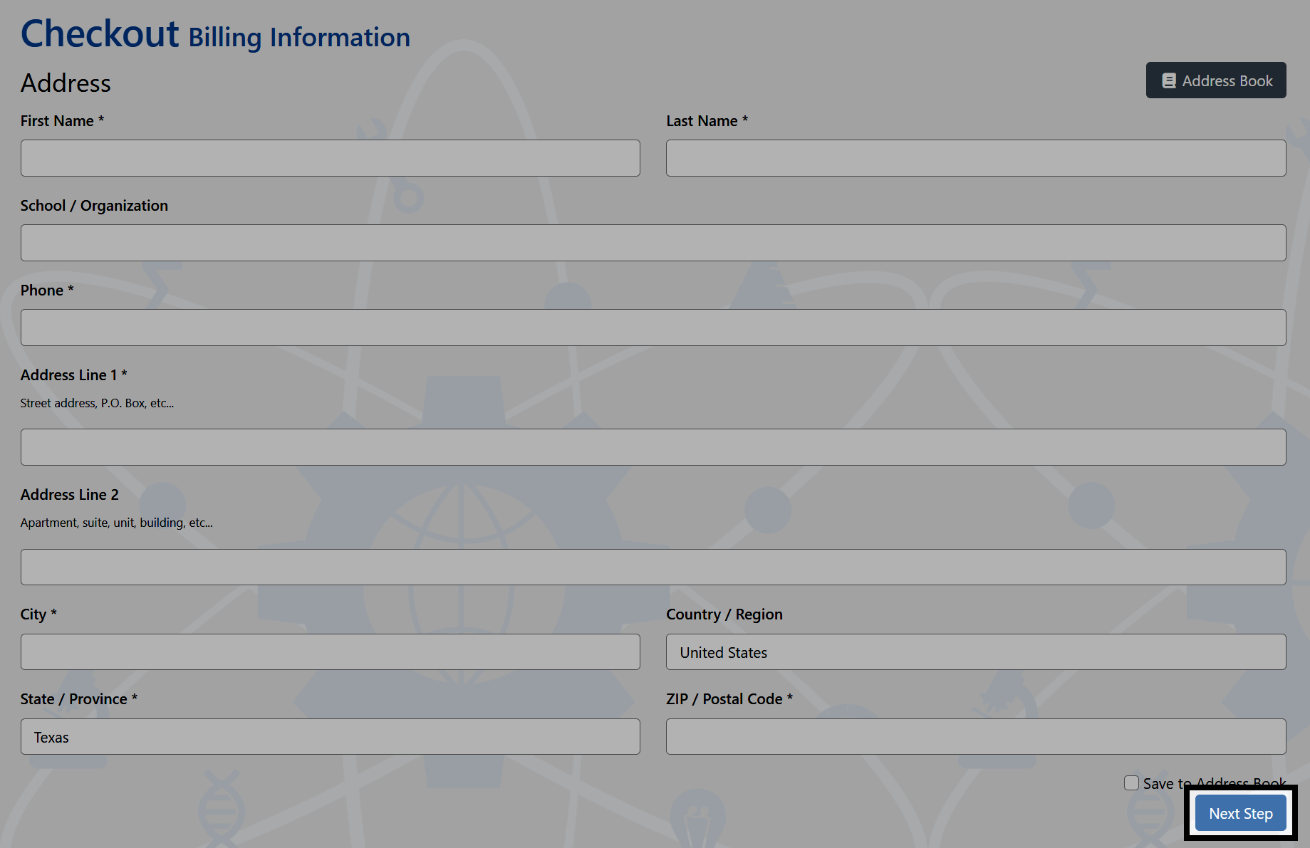 The Checkout - Billing Information window, showing the text fields for inputting one's billing address.