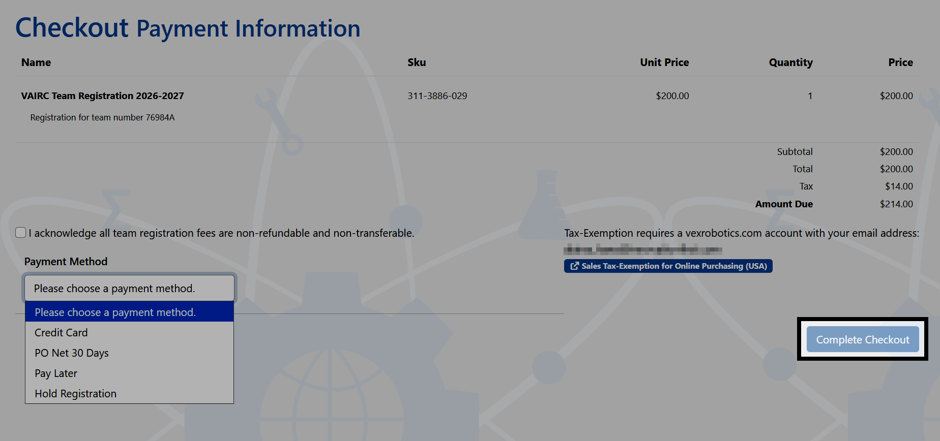 The Checkout - Payment Information screen, showing everything currently in the cart and a breakdown of the fees to the total price. The Payment method box is highlighted in the bottom left.