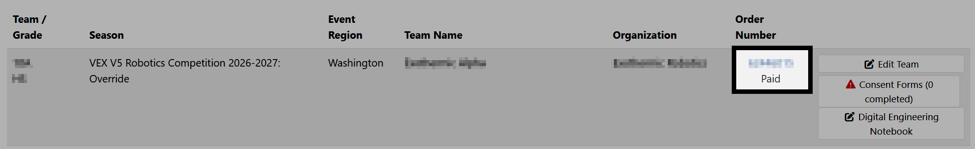 The events.vex.com Account Dashboard, showing a team's Order number and their status showing as "Paid".